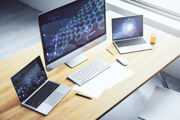 Aufkleber - Creative abstract technology sketch with hexagon grid on modern laptop monitor, future technology and AI concept. 3D Rendering