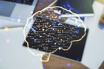 Poster - Double exposure of creative artificial Intelligence symbol and digital tablet on background, top view. Neural networks and machine learning concept