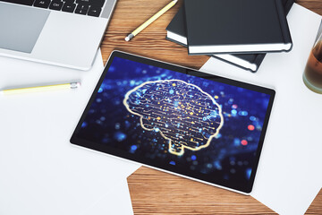 Poster - Creative artificial Intelligence concept with human brain sketch on modern digital tablet display. Top view. 3D Rendering