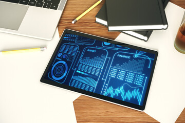 Aufkleber - Modern digital tablet monitor with abstract statistics data hologram interface, computing and analytics concept. Top view. 3D Rendering