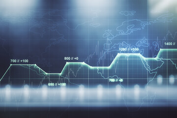 Poster - Double exposure of abstract virtual statistics data hologram on modern business center exterior background, statistics and analytics concept