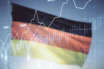 Poster - Abstract virtual financial graph hologram on flag of Germany and sunset sky background, forex and investment concept. Multiexposure