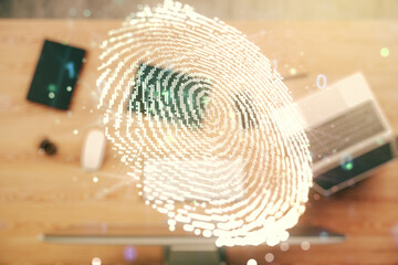 Poster - Abstract creative fingerprint illustration on modern computer background, personal biometric data concept. Multiexposure