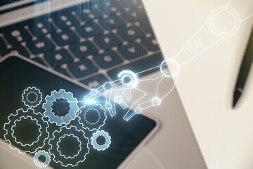Aufkleber - Creative concept of robotics technology on modern laptop background. Robot development and automation concept. Multiexposure