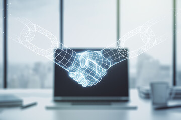 Poster - Creative concept of blockchain technology with handshake on modern laptop background. digital money transfers and decentralization concept. Multiexposure