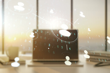 Double exposure of social network icons concept with modern laptop on background. Marketing and promotion concept