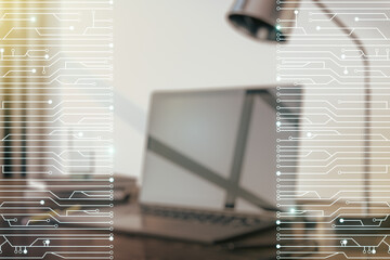 Leinwandbilder - Double exposure of circuit hologram on laptop background. Research and development hardware concept
