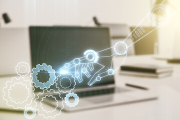 Aufkleber - Creative abstract robotics technology hologram on modern computer background, artificial intelligence and machine learning concept. Multi exposure