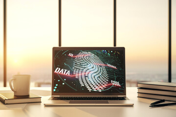 Poster - Modern computer monitor with abstract creative fingerprint hologram, research and development concept. 3D Rendering