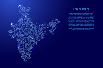 Fototapete - India map from blue and glowing stars icons pattern set of SEO analysis concept or development, business. Vector illustration.