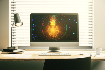 Aufkleber - Creative idea concept with light bulb and microcircuit illustration on modern laptop screen. Neural networks and machine learning concept. 3D Rendering