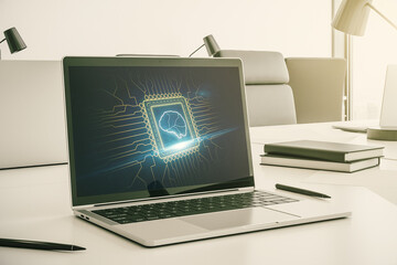 Poster - Modern computer monitor with creative artificial Intelligence symbol. Neural networks and machine learning concept. 3D Rendering