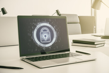 Poster - Creative idea concept with lock symbol and microcircuit illustration on modern laptop screen. Protection and firewall concept. 3D Rendering