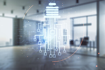 Aufkleber - Virtual creative light bulb with chip hologram on a modern furnished office interior background, artificial Intelligence and neural networks concept. Multiexposure