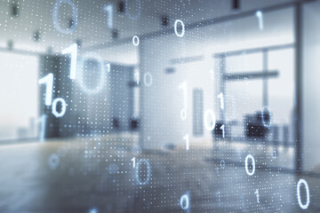 Poster - Double exposure of abstract virtual binary code hologram on modern corporate office background. Database and programming concept