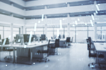 Poster - Multi exposure of stats data illustration on a modern furnished office background, computing and analytics concept