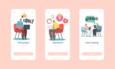 Poster - brainstorm mobile app page onboard screen template. business characters meeting, discuss idea. team 