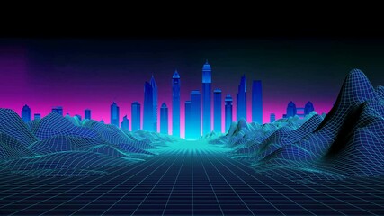Wall Mural - synthwave wireframe landscape. sunset over the city. 80s style retro futurism background. 4k seamles