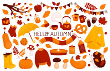 Hello Autumn Set With Lettering. Warm Sweater, Scarf, Raincoat, Fall Leaves, Mushrooms, Hedgehog, Pumpkin, Pie. Hand Drawn Fall Season Vector Elements In Flat Style. For Cards, Web, Poster, Stickers