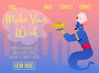 Banner for web with arabian magic genie granting wishes holding golden lamp.