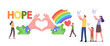 Hope, Love and Peace Concept. Tiny Male and Female Family Characters Let Go White Doves Flying in Air, Rainbow and Heart