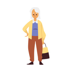 Canvas Print - Tired sad aged woman standing with shopping bag in hand a vector illustration.