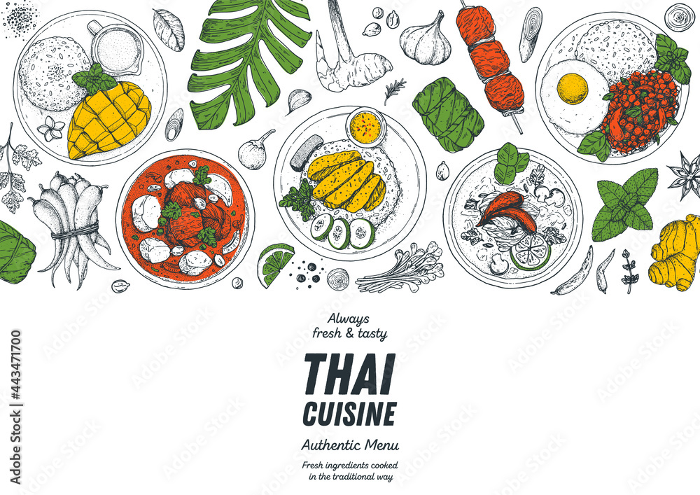 Thai food top view vector illustration. Food menu design template. Hand ...
