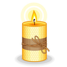 Vector Yellow Candle Handmade From Beeswax. Burning Beeswax Candles