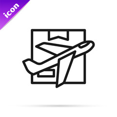 Sticker - Black line Plane and cardboard box icon isolated on white background. Delivery, transportation. Cargo delivery by air. Airplane with parcels, boxes. Vector