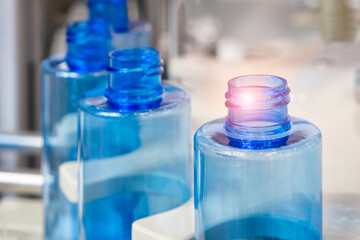 Poster - pharmaceutical industry, medicine pills are filling in the  bottle on production line machine conveyor at the medical factory. selective focus.