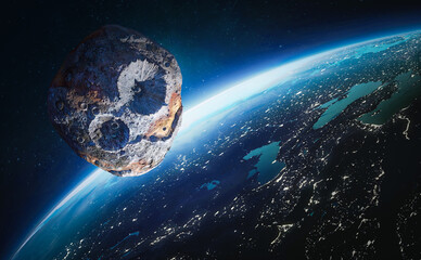 Aufkleber - Asteroid in outer space near Earth planet. Meteorite on orbit of Earth. Ice meteor is solar system. Elements of this image furnished by NASA