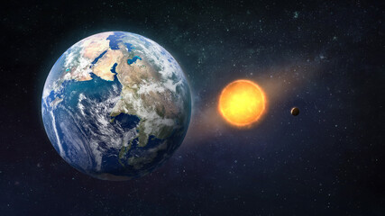 Wall Mural - earth planet in outer space with stars. sun and stars. space wallpaper. blue sky and ocean. elements