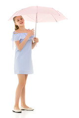 Sticker - Beautiful Teen Girl Standing with Opened Umbrella