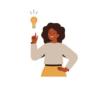 Black Woman Points On Light Bulb Over Her. Happy African Female Entrepreneur Has Business Idea. Concept Of Innovation, Solution And Creativity. Vector Illustration