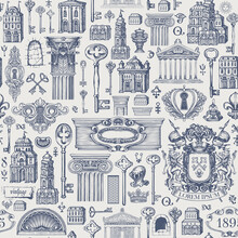Seamless Pattern On A Theme Of Ancient Architecture And Art. Hand-drawn Vector Background With Vintage Buildings, Architectural Elements, Coat Of Arms And Old Keys. Wallpaper, Wrapping Paper, Fabric