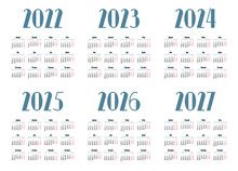 Simple English Calendar 2022 - 2027 On White Background. Vector Illustration
