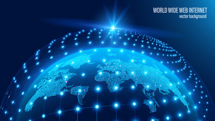 Poster - Vector. Map of the planet. Blue futuristic background. Satellites and rockets in orbit of planet Earth. World map. Social network. Global World Wide Web internet and technology.