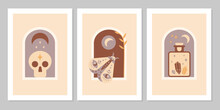 Set Poster With Magic Symbols Esoteric Witch Tattoos. Collection Of Crescent Moon, Skull, Gem, Bottle, Crystals. Vector Flat Mystic Vintage Illustration. Design For Poster, Card, Flyer