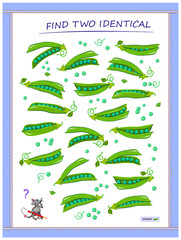 Logic puzzle game for children and adults. Find two identical pea pods. Memory exercises for seniors. Page for kids brain teaser book. Developing spatial thinking. IQ test. Play online.