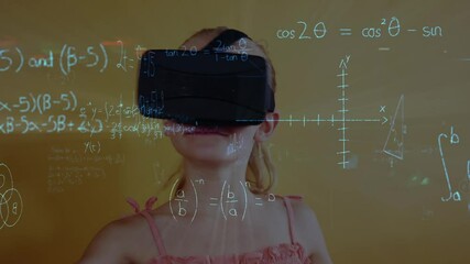 Canvas Print - Animation of mathematical formulas over schoolgirl using vr headset