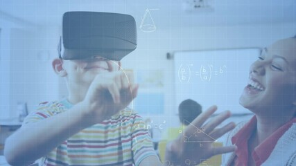 Poster - Animation of mathematical formulas over schoolboy using vr headset
