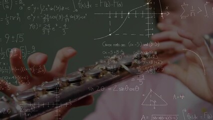 Poster - Animation of mathematical formulas over girl play the flute