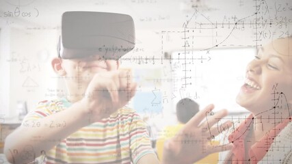 Wall Mural - Animation of mathematical formulas over schoolboy using vr headset