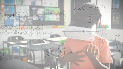 Poster - Animation of mathematical formulas over schoolboy using vr headset