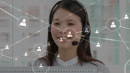 Poster - Animation of networks of connections with icons over businesswoman using phone headsets