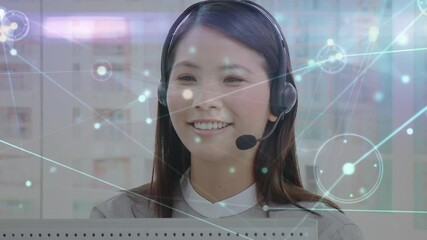 Poster - Animation of networks of connections over businesswoman using phone headsets