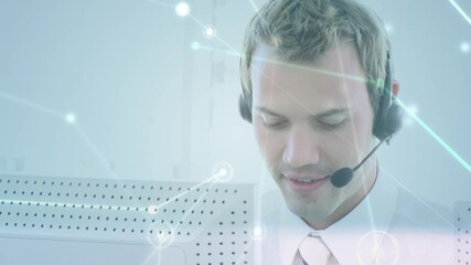 Poster - Animation of networks of connections over businessman using phone headsets