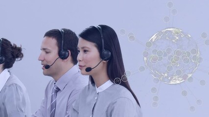 Poster - Animation of globe with network of connections over business people using phone headsets