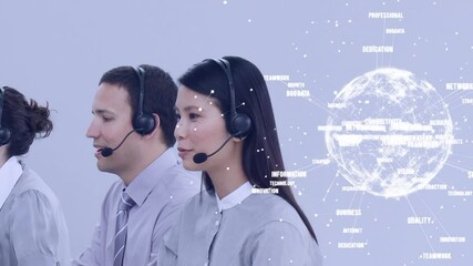 Poster - Animation of globe with network of connections over business people using phone headsets