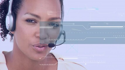 Poster - Animation of data processing over businesswoman using phone headset